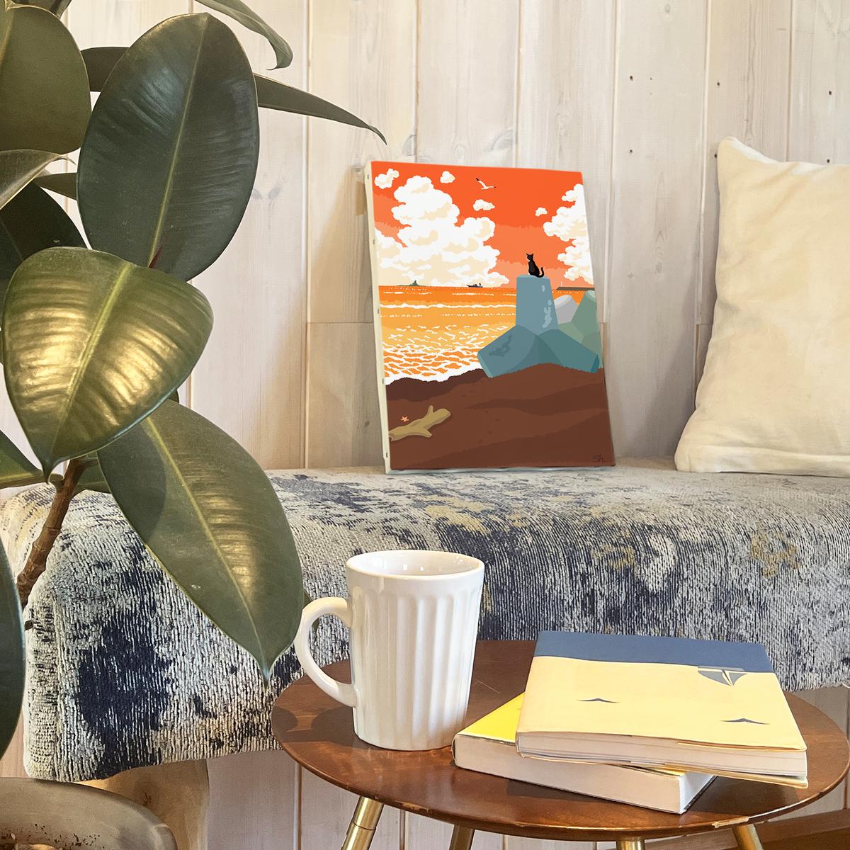 湘南・茅ヶ崎で描く、海を感じるイラストアート 『 湘南ランドスケープ09：夕暮れのサザンビーチ 』　キャンバスアートパネル（中） /絵画 風景 犬 猫