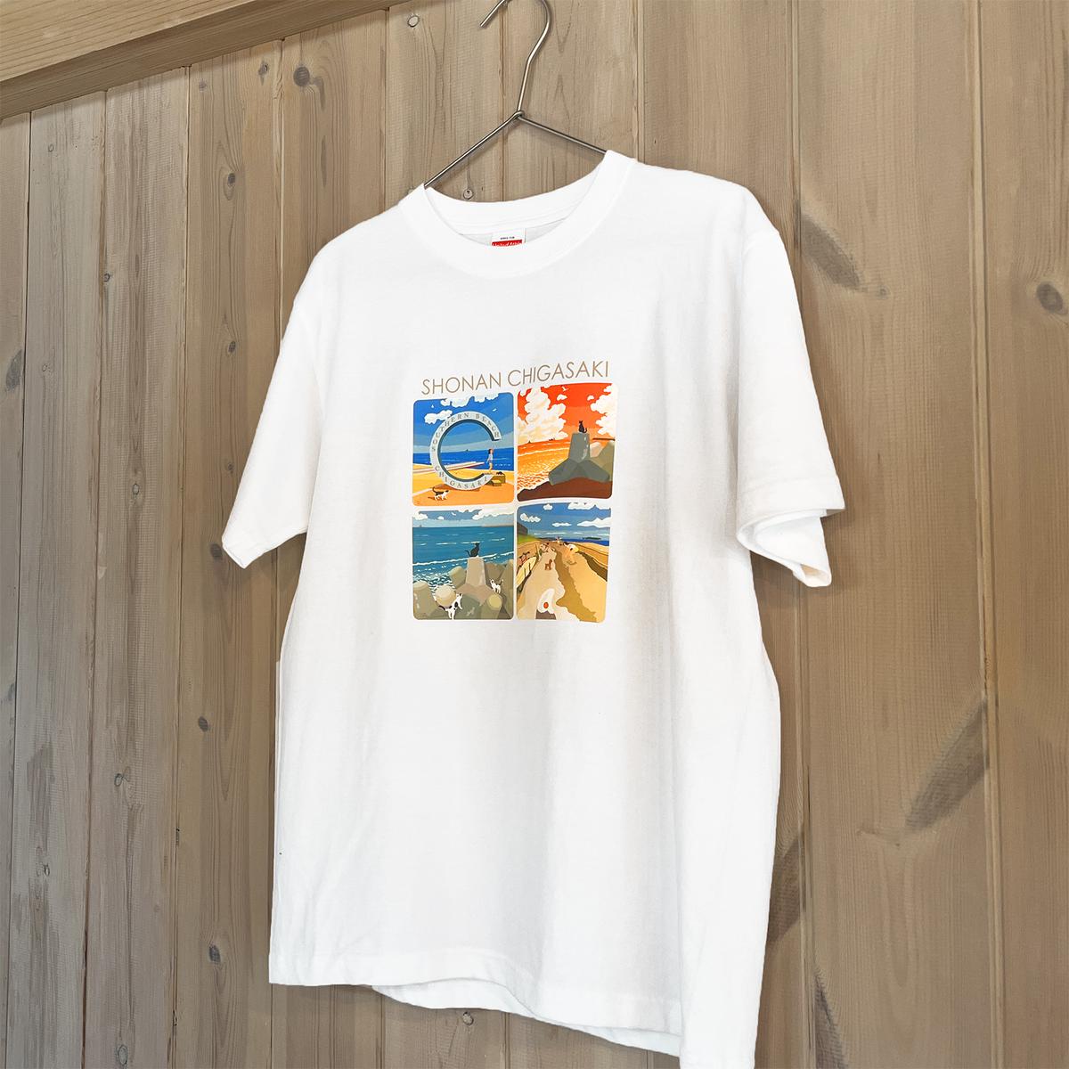 湘南・茅ヶ崎で描く、海を感じるイラストアート 『湘南ランドスケープ：Tシャツ（Sサイズ）』 /風景 犬 猫 景色 デザイン ビーチ 海辺 サザンC