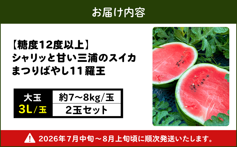 【糖度12度以上】シャリッと甘い三浦の大玉スイカ まつりばやし11 羅王 3L 7～8kgを2玉　M107-002-03