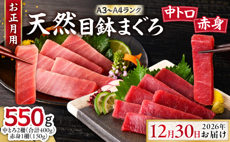 【お正月用E】天然目鉢鮪中とろ2柵・赤身1柵＜A3～A4ランク＞（2026年12月30日にお届け）　M005-053-02