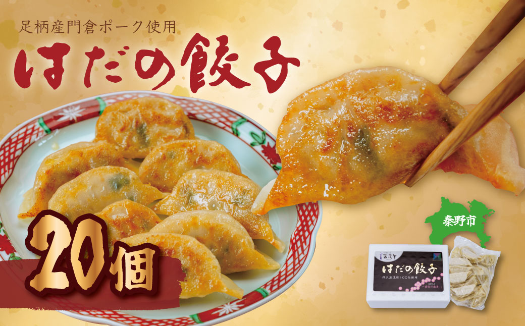 秦野産門倉ポーク使用★ジューシー！菖蒲庵謹製はだの餃子 ２０個入 / 餃子 冷凍 ぎょうざ 門倉ポーク 国産野菜 食べ方色々 こだわり食材 プロの味 おかず 焼くだけ はだの餃子 菖蒲庵 門倉ポーク 秦野産 ジューシー 手作り 冷凍食品 餃子 お取り寄せ 食品ギフト お土産 秦野 神奈川 簡単調理 家族 20個