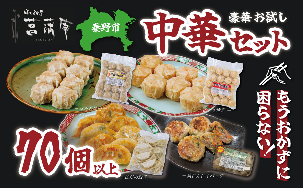 豪華お試し中華セット （エビプリ焼売20個・はだの焼売20個・はだの餃子30個・葉にんにくバーグ9個）餃子 焼売 冷凍 ぎょうざ エビ しゅうまい 門倉ポーク 国産野菜 食べ方色々 こだわり食材 プロの味 おかず 焼くだけ はだの餃子 菖蒲庵 門倉ポーク 秦野産 025-15