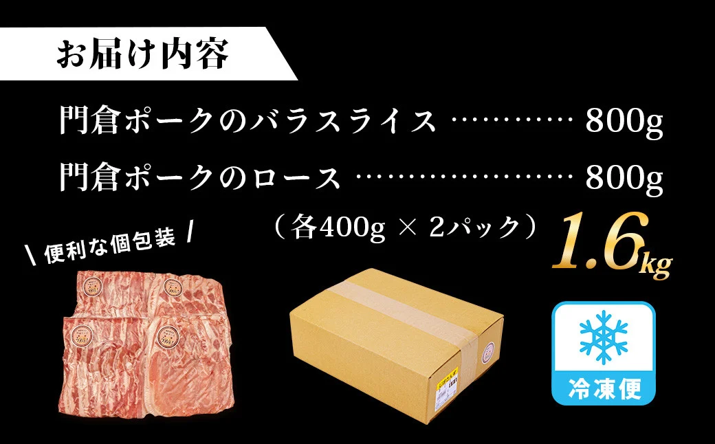 【4月発送分】うめぇ！門倉ポーク ロース＆バラ２種セット（1.6kg）／豚 個別包装 ブタ 豚肉 小分け バラ スライス 使いやすい パック 豚肉堪能 秦野育ち 調理 いろいろ 野菜炒め 冷凍発送 ２か月保存 017-22