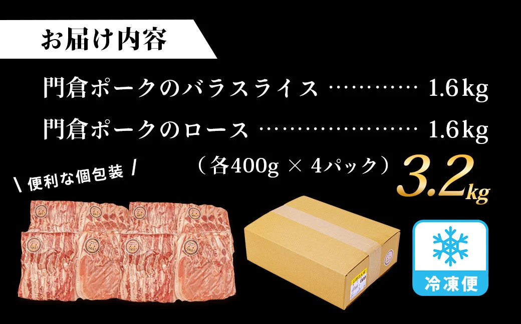 【1月発送分】うめぇ！門倉ポーク ロース＆バラ２種セット（3.2kg）／豚 個別包装 ブタ 豚肉 小分け バラ スライス 使いやすい パック 豚肉堪能 秦野育ち 調理 いろいろ 野菜炒め 冷凍発送 ２か月保存