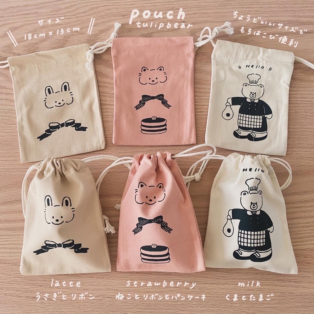 [tulip bear (チューリップベア)] 巾着ポーチ 3点セット (うさぎとリボン、ねことリボンとパンケーキ、くまとたまご)★イラスト：hanaさん｜ベビー用品 赤ちゃん キッズ 男の子 女の子 出産祝い ギフト 可愛い [0842]