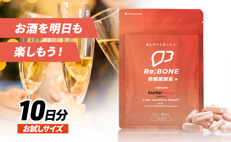 サプリ KIGASURE リボーン(Re;BONE) 高吸収 飲み会サプリ クルクミン入り 試しサイズ（10粒） 健康 飲み会 クルクミン ウコン 酢酸菌酵素 亜鉛 酵母 ビタミン 綾瀬市 神奈川県