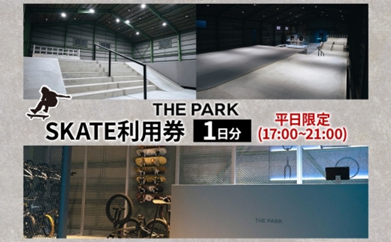 中上級者限定 THEPARK 平日限定 1日分 SKATE 2部 利用券 スケートボード  スケボー スケート 室内 コンクリート パーク ハンドレール ダウンレール 神奈川県 寒川町