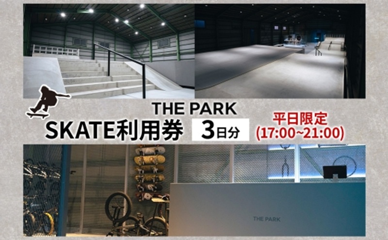 中上級者限定 THEPARK 平日限定 3日分 SKATE 2部 利用券 スケートボード  スケボー スケート 室内 コンクリート パーク ハンドレール ダウンレール 神奈川県 寒川町