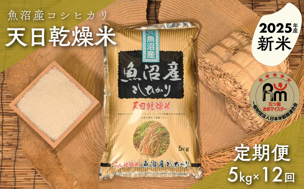 【新米】【毎月定期便】令和７年産「五つ星お米マイスター」厳選　天日干し魚沼産コシヒカリ　精米５kg×12回