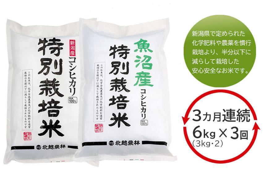 【3ヶ月定期便 毎月6kg】魚沼産・新潟産 特別栽培米コシヒカリ 県認証米