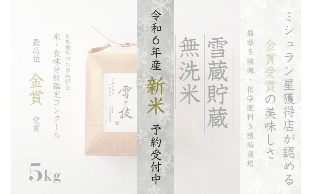 ≪ 令和6年産 新米 先行予約 ≫《 雪蔵貯蔵 無洗米 》 金賞受賞 魚沼産コシヒカリ 雪と技 5kg　農薬5割減・化学肥料5割減栽培