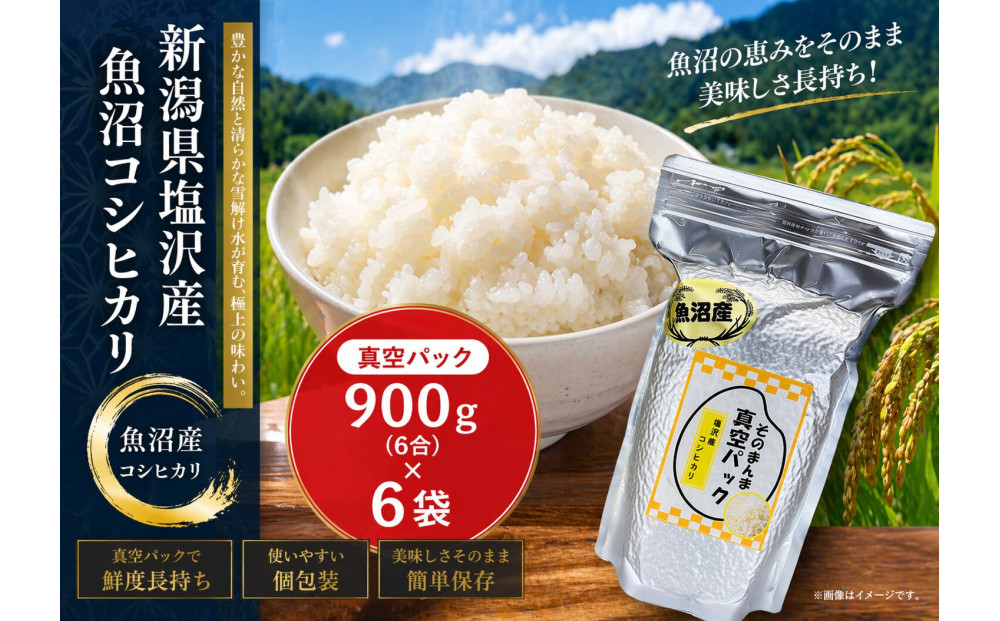新潟県塩沢産コシヒカリ そのまんま真空パック 900ｇ×6袋