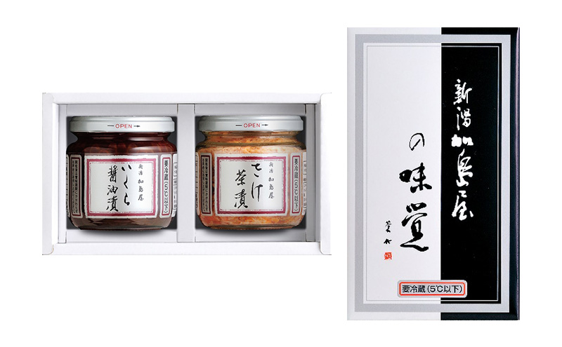 【6ヶ月定期便】加島屋 中ビン 2本セット (さけ茶漬・いくら醤油漬) 鮭フレーク イクラ 新潟県 新潟市 しゃけ