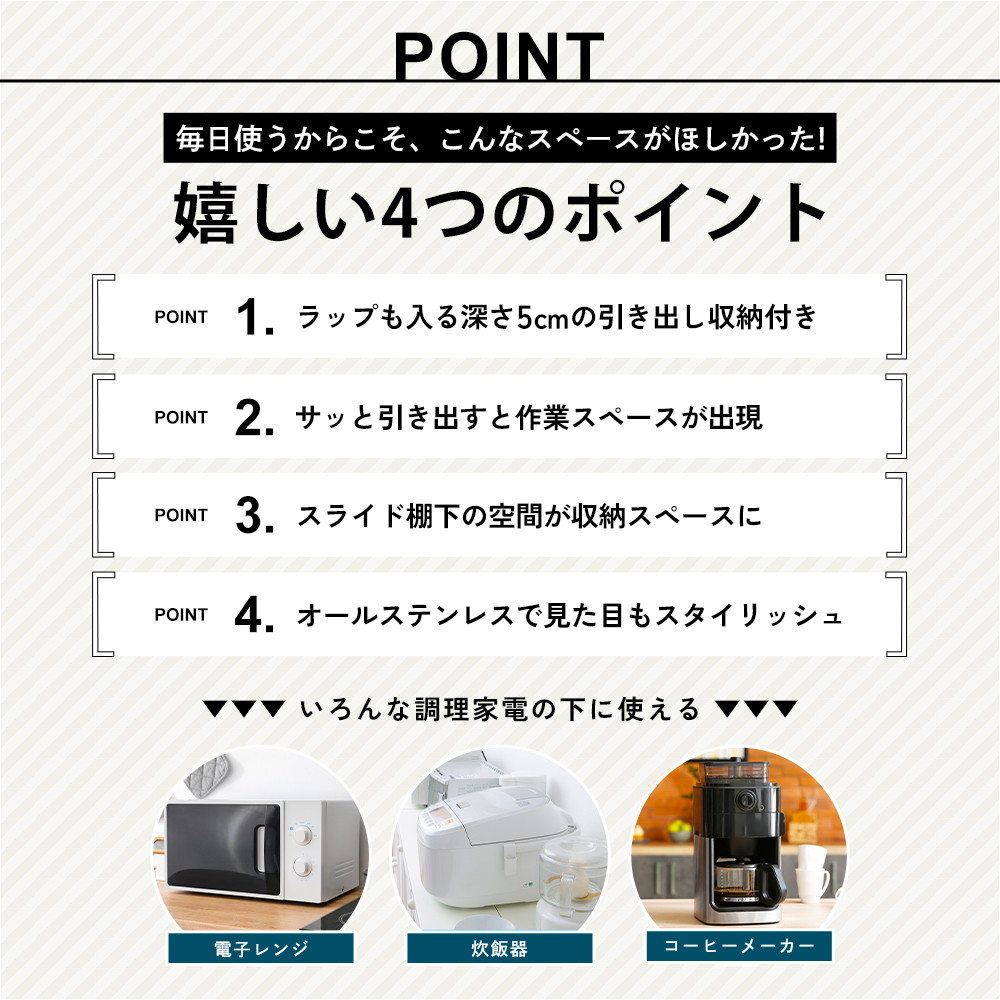 角皿が入るステンレス製スライドテーブル 幅45 ｜ 2471 足立製作所 キッチン収納 省スペース 有効活用 家電下 スライドテーブル 新潟