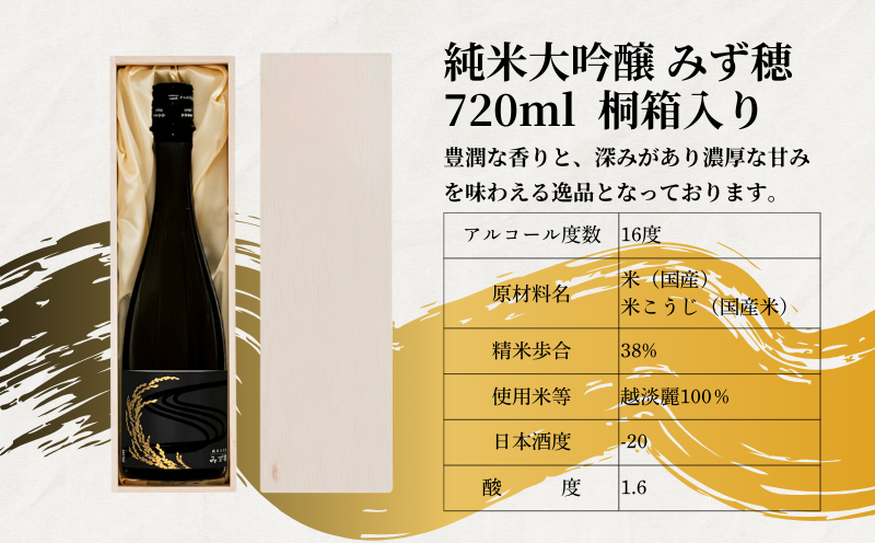 王紋酒造 純米大吟醸 みず穂 720ml 桐箱入り ｜ 王紋 日本酒  純米 大吟醸 酒 お酒 地酒 食中酒 ペアリング ギフト プレゼント 父の日 お歳暮 お中元 年末年始 新潟県 新発田市 aumont007