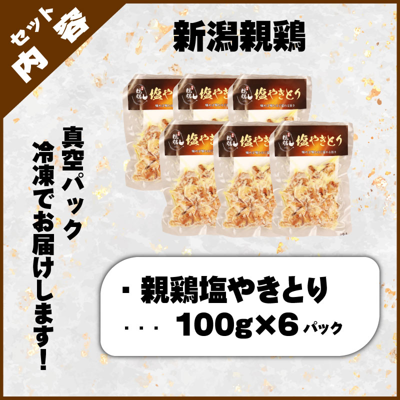 親鶏 塩やきとり 6個 600g 100g × 6 パック 鶏肉 鶏 チキン タンパク やきとり 焼き鳥 塩 肉 とり 精肉 ブランド鶏 おかず 冷凍 小分け 簡単調理 味付き モモ ムネ おつまみ 郷土食 新潟親鶏 新潟産 新発田産 マルコ岩村 新潟県 新発田市 maruco004