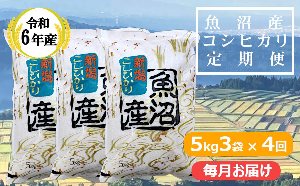 KY173P413 【共栄農工社】 令和6年産 魚沼産コシヒカリ定期便  5kg3袋×4回／毎月お届け 白米 魚沼 米 定期便