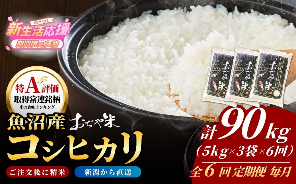 令和7年産 新潟県 魚沼産コシヒカリ「おぢや米」合計90kg(5kg×3袋×毎月お届け全6回)  JA魚沼【0002-JA23DB00-02】