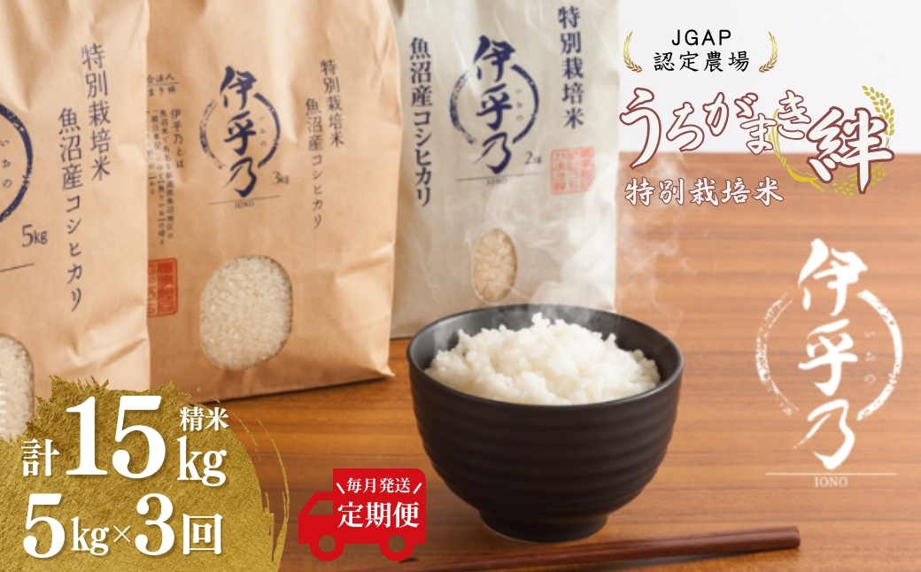 【JGAP認証農場】令和7年産 魚沼産コシヒカリ 特別栽培米「伊乎乃」 精米計15kg（5kg×1袋） 定期便毎月全3回 うちがまき絆 | 新潟県産 コシヒカリ お米 米 おこめ こめ コメ こしひかり 精米 白米 魚沼産 ブランド米【0002-UK11DB00-01】