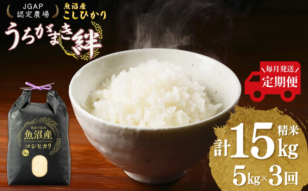 【JGAP認証農場】令和7年産 魚沼産コシヒカリ 定期便 計15kg（5kg×1袋×毎月全3回） うちがまき絆 | 新潟県産 コシヒカリ お米 米 こしひかり 白米 精米 魚沼産 ブランド米【0002-UK04DB00-02】