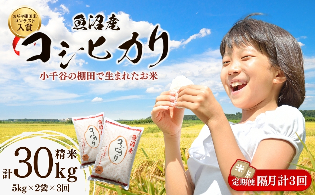 令和7年産 魚沼産コシヒカリ おぢや棚田米コンテスト入賞者の栽培した棚田米 精米30kg（5kg×2袋×3回）定期便隔月発送【0002-RC08DB00-02】