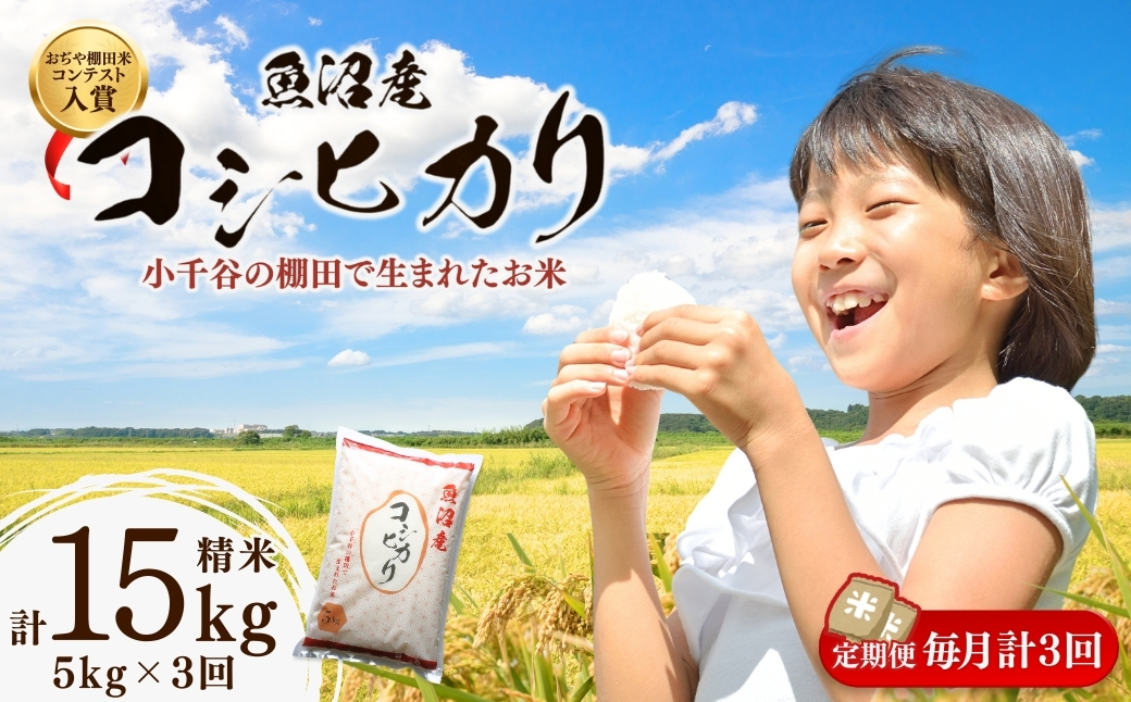令和7年産 魚沼産コシヒカリ おぢや棚田米コンテスト入賞者の栽培した棚田米 精米15kg（5kg×3回）定期便毎月発送【0002-RC03DB00-02】