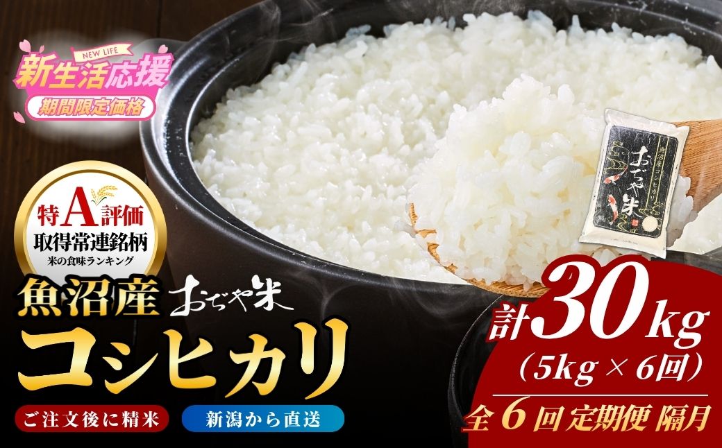 令和7年産魚沼産コシヒカリ定期便 5kg×6回（隔月お届け）JA魚沼 白米 魚沼 米 定期便