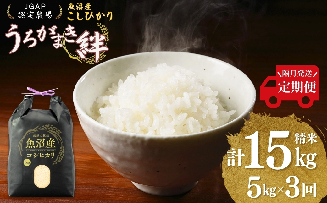 【JGAP認証農場】令和7年産 魚沼産コシヒカリ 定期便 計15kg（5kg×1袋×隔月全3回） うちがまき絆 | 新潟県産 コシヒカリ お米 米 こしひかり 白米 精米 魚沼産 ブランド米【0002-UK05DB00-02】