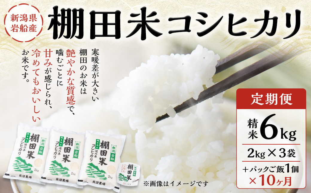 【定期便：10ヶ月連続でお届け】【令和6年産米】岩船産 棚田米コシヒカリ 6kg（2kg×3袋）＋ 棚田米コシヒカリのパックごはん(150g×1個)×10ヶ月 E4046