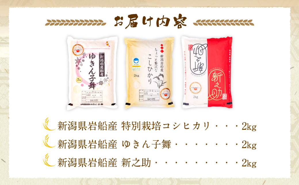 A4110 【令和6年産米】違いを楽しめるお米セット 新潟県産 コシヒカリ・ゆきん子舞・新之助 計6kg