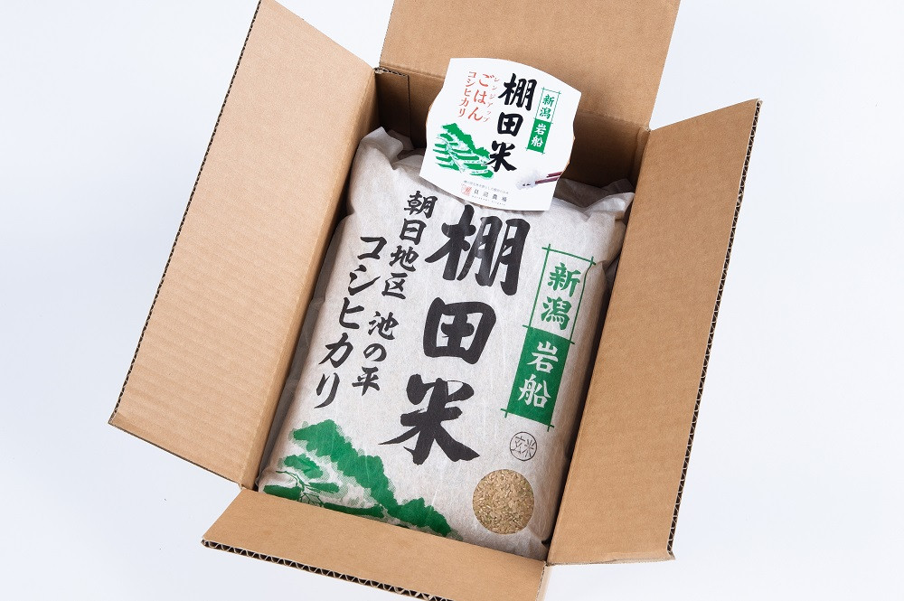 【定期便：3ヶ月連続でお届け】【令和6年産米】新潟県岩船産 棚田米コシヒカリ 玄米10kg ＋ 棚田米コシヒカリのパックごはん(150g×1個)×3ヶ月 1067038