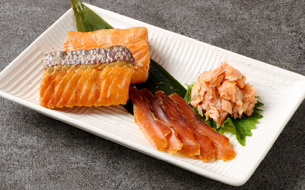 塩引鮭粗ほぐし100g・鮭の酒びたし40g・鮭の焼漬3切セット　1019002