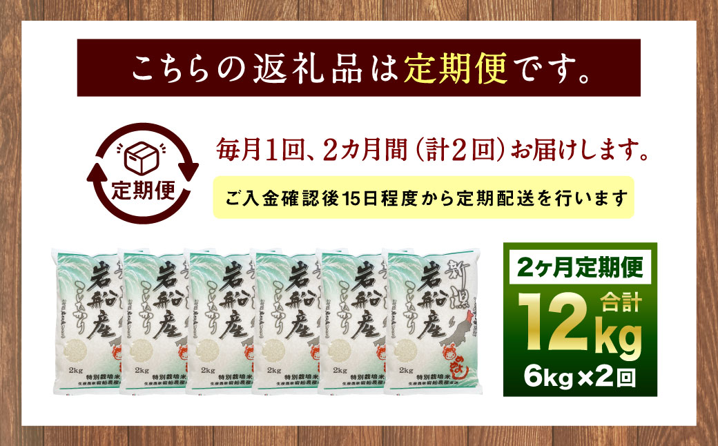 B4075 【令和5年産米】特別栽培米  新潟県岩船産コシヒカリ  12kg（6kg×2ヶ月コース） 定期便 毎月 お米  白米 こしひかり 精米 村上市