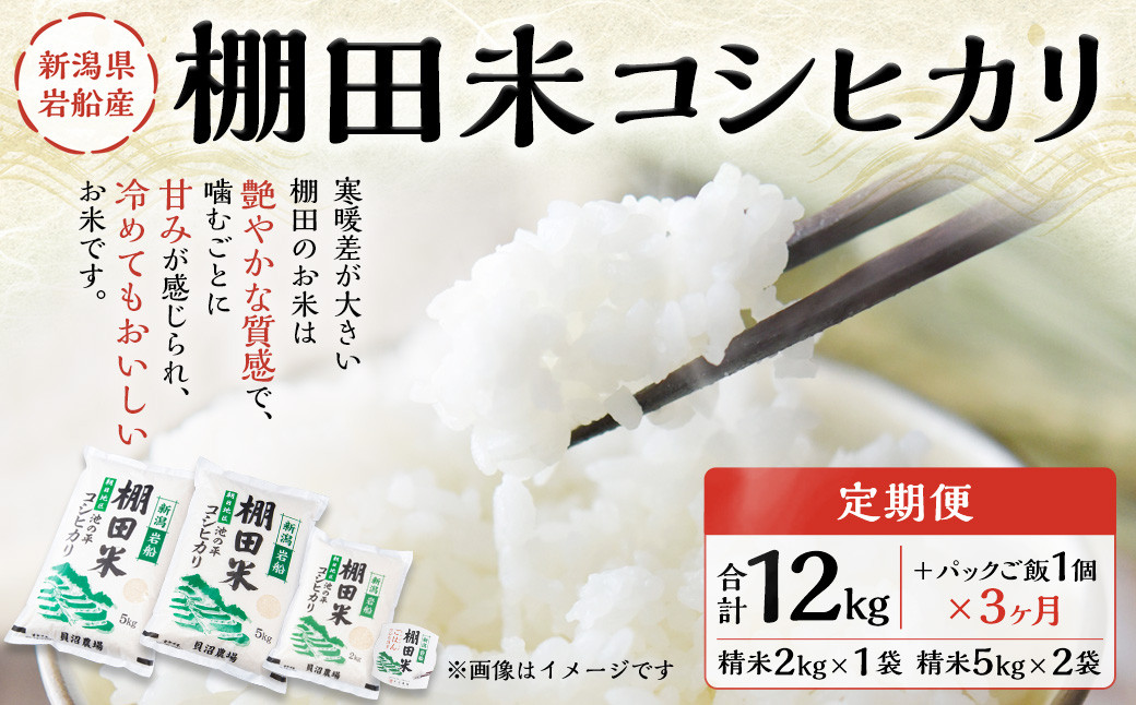 【定期便：3ヶ月連続でお届け】【令和6年産米】新潟県岩船産 棚田米コシヒカリ 12kg+パックごはん(150g×1個)×3ヶ月 1067014