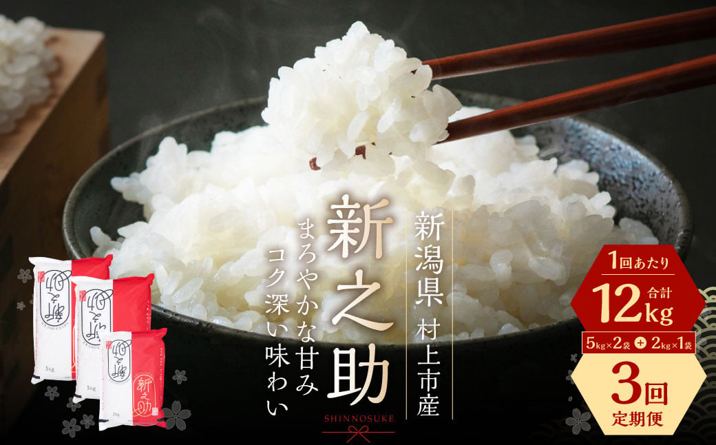 【令和6年産米】【定期便：3ヶ月連続でお届け】 村上市産 新之助 36kg （12kg×3ヶ月）コース 1027012