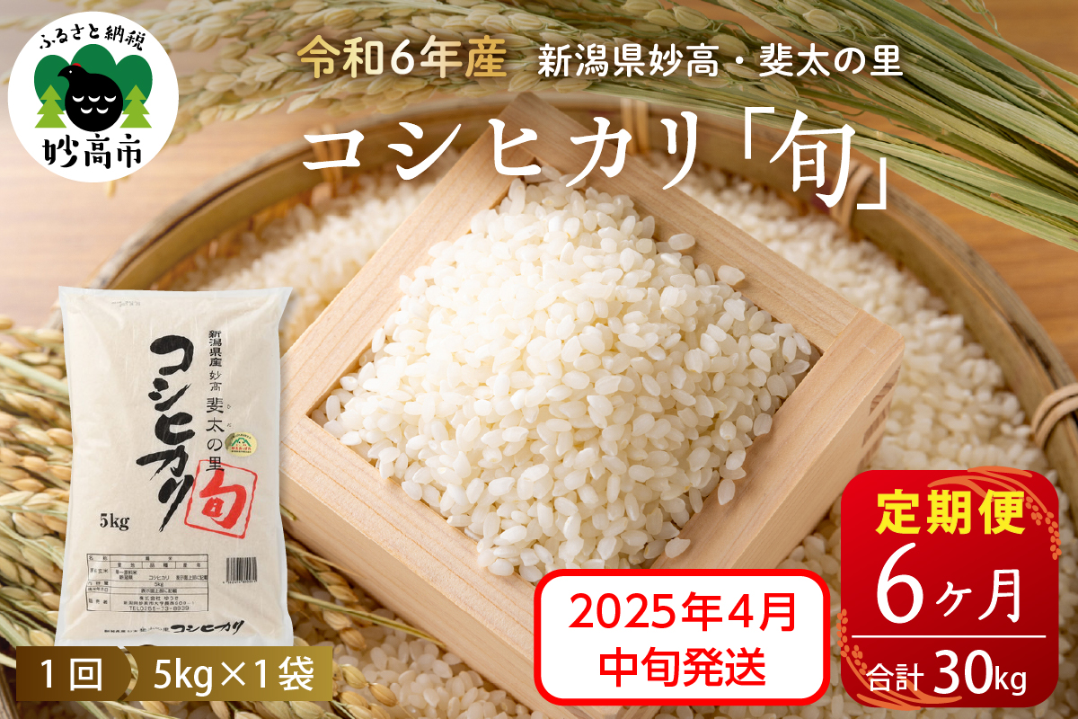 【2025年3月中旬発送】【定期便】令和6年産新潟県妙高産斐太の里コシヒカリ「旬」5kg×6回（計30kg）