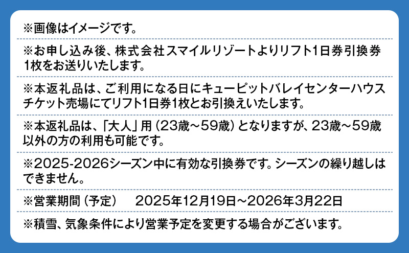 キューピットバレイ 2025-2026シーズン 温泉入場券付き リフト1日券引換券 新潟県 上越市 旅行 スキースノーボード リフト券