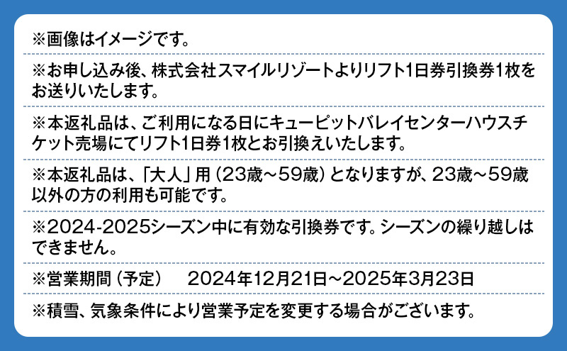 キューピットバレイ　2024-2025シーズン　リフト親子ペア1日券引換券 新潟県 上越市 旅行 スキー スノーボード リフト券