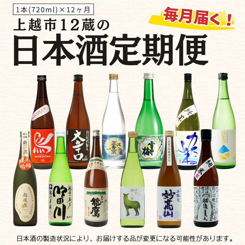【毎月届く！】上越市12蔵の日本酒定期便 720ml×12本 12か月連続でお届け お酒 銘酒 飲み比べ 新潟県