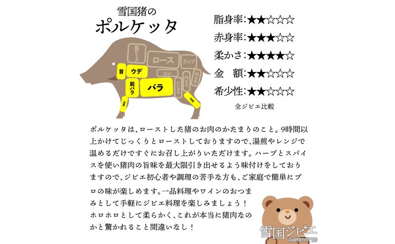 【雪国ジビエ】雪国イノシシ ポルケッタ 200g 肉 イノシシ 猪 猪肉 新潟 新潟県産