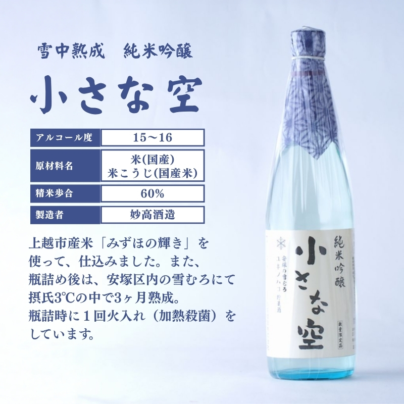 雪中熟成純米吟醸 「小さな空」720ml (新潟県上越市産) 小さな空 純米吟醸 日本酒 冷酒 食中酒 雪中熟成 みずほの輝き 720ml 新潟県 上越市