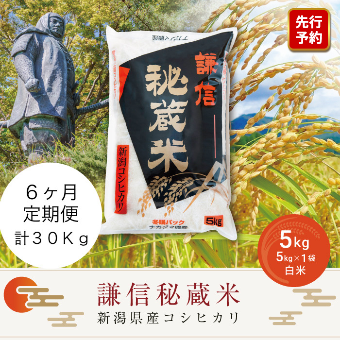 先行予約 令和8年産 新潟県産 コシヒカリ 定期便（5kg×6回分） 謙信秘蔵米  真空 窒素挿入 冬眠パック 米 お米 コメ 上越 上越産 上越米 上杉謙信