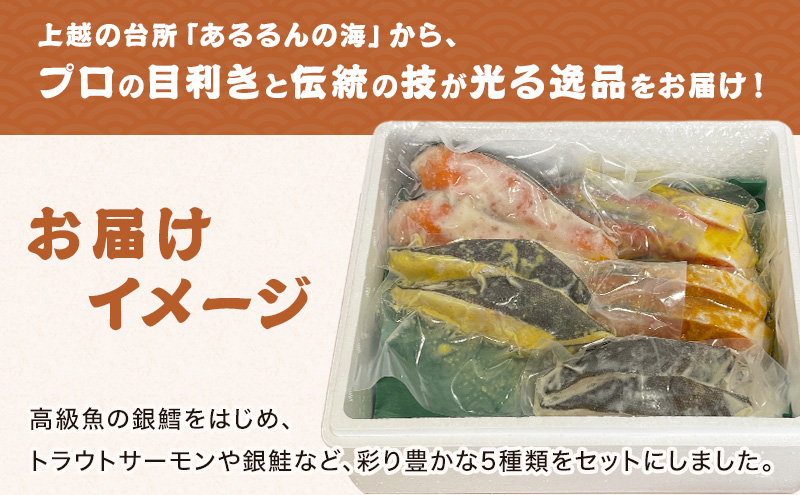 【発酵のまち上越】人気鮮魚店が厳選！ 厚切り漬け魚 5種10切セット（約1kg）銀鱈/サーモン/西京漬/粕漬/塩麹 熨斗対応可 あるるんの海