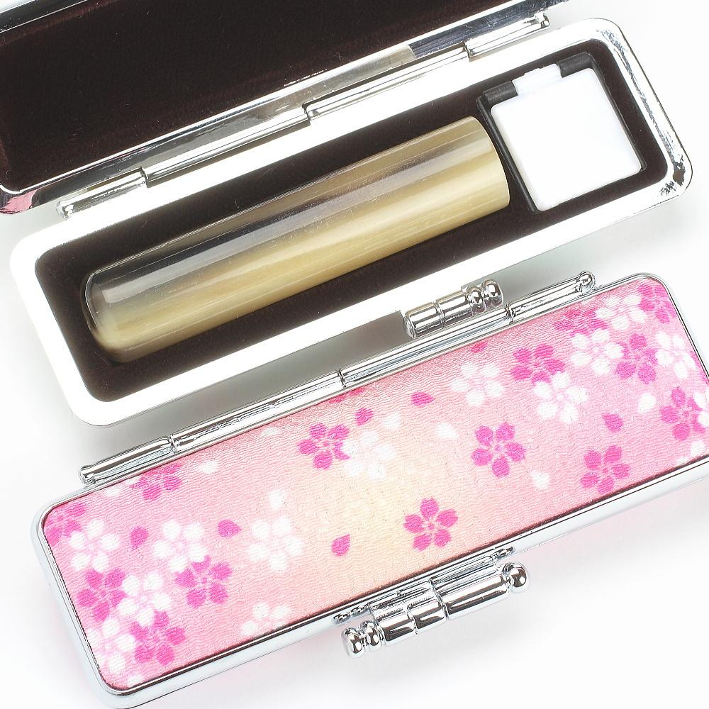 【選べるサイズ】オランダ水牛印鑑1本と華やか桜ケースセット はんこ 判子 印鑑セット ギフト プレゼント 3M12038