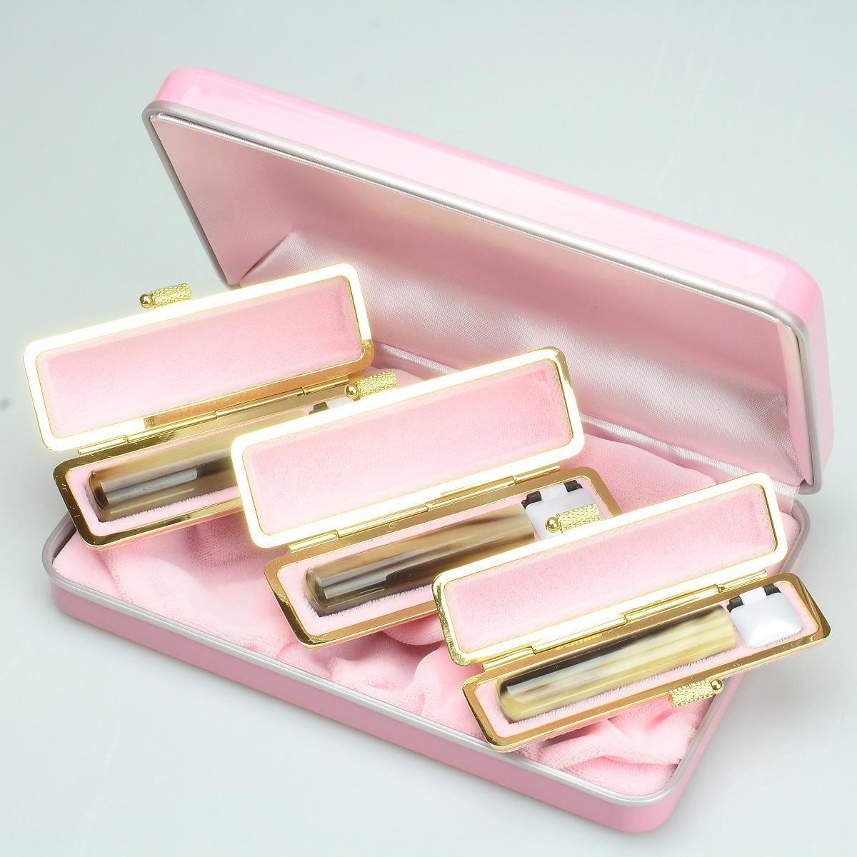 【選べるサイズ】オランダ水牛印鑑3本とピンクケースセット 保管ケース付き はんこ 判子 印鑑セット ギフト プレゼント 3M10111