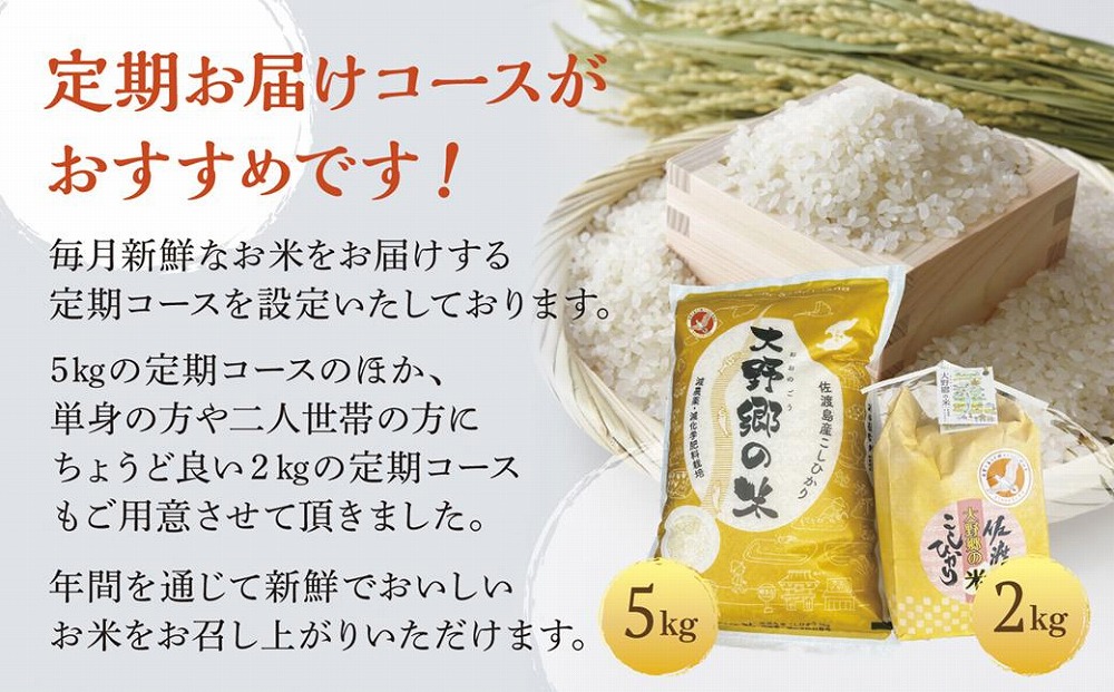 【令和５年産】佐渡島産 特別栽培米こしひかり「大野郷の米」精米2kg×6回定期お届けコース