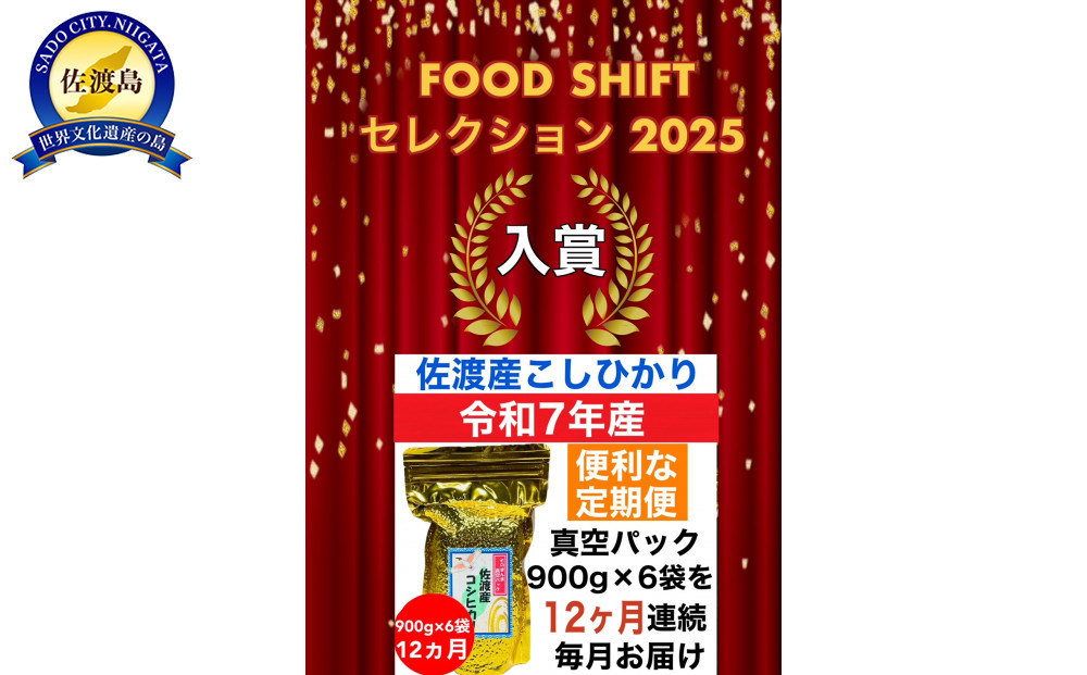 【FOOD SHIFTセレクション入賞・定期便予約】佐渡産コシヒカリ そのまんま真空パック 900g×6袋(精米)　全12回