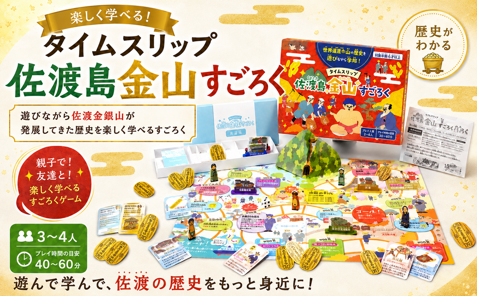 タイムスリップ佐渡島金山すごろく（金箔マスキングテープ付き）