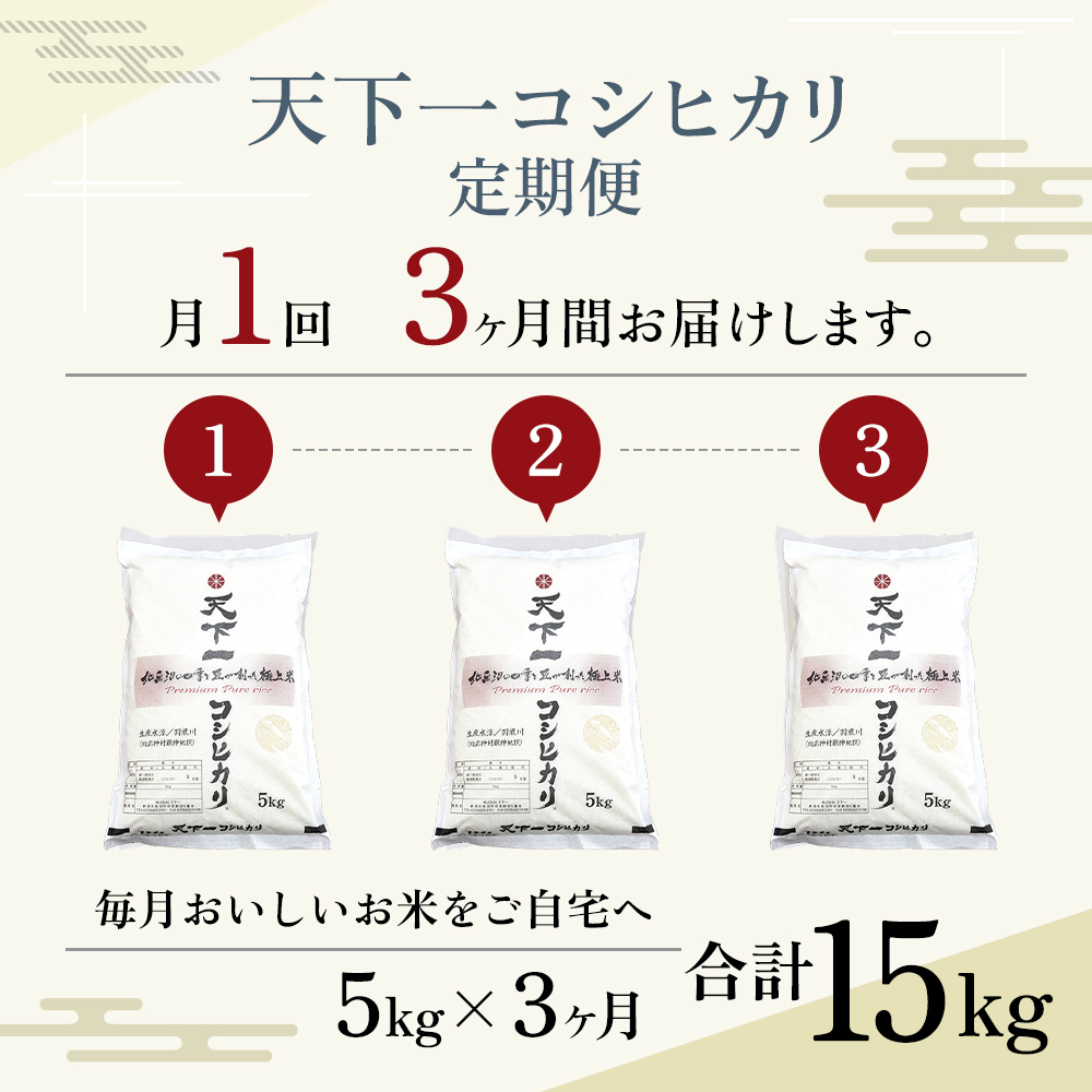 定期便 【魚沼産】 天下一 コシヒカリ 5kg 全3回 （ 米 定期便 3ヶ月 魚沼産コシヒカリ 魚沼産 精米 白米 お米 こめ コメ こしひかり 魚沼 3回 お楽しみ ） 