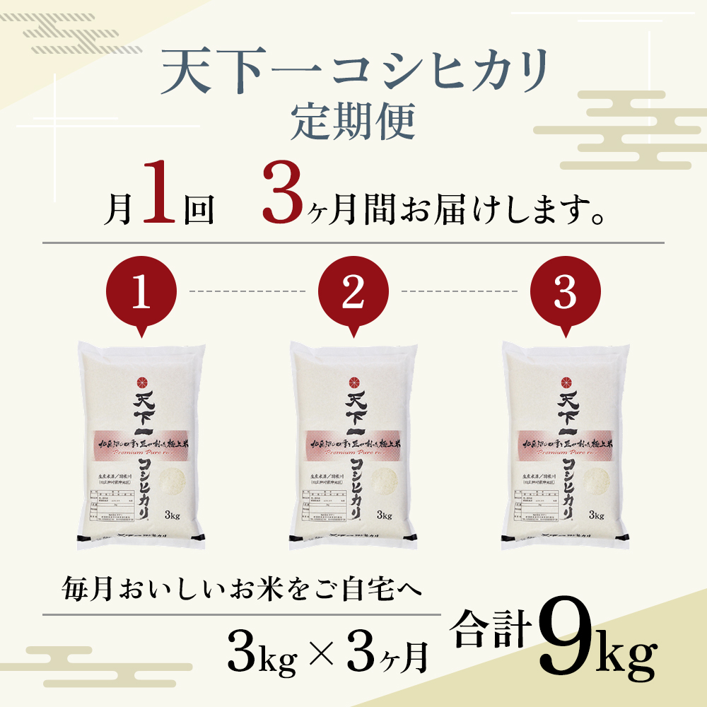 定期便 魚沼産 天下一コシヒカリ（商標）3kg 食べればわかります！全3回 お米 精米 3キロ 